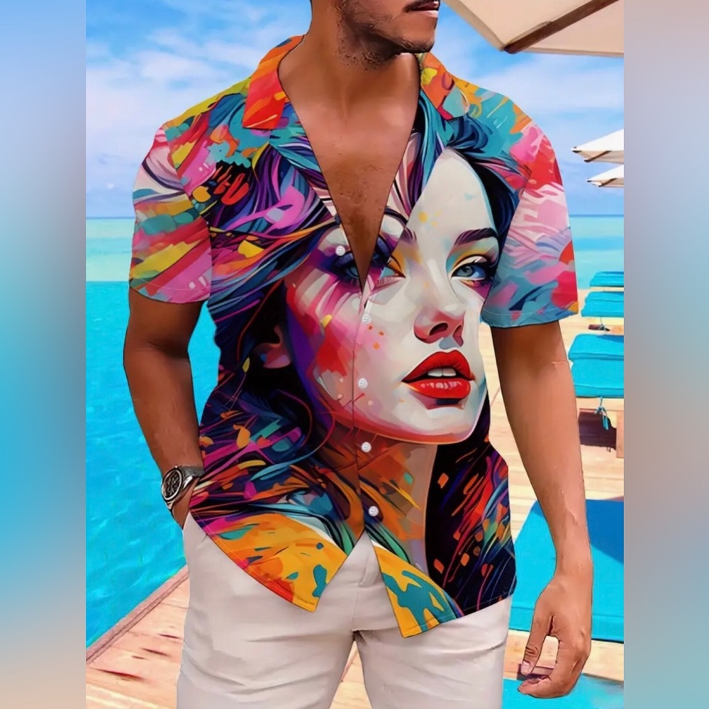 Colorful Hand Drawn Portrait Print Short Sleeve Shirt w Lapel Collar (Lg)